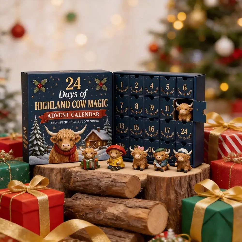 Advent Calendar | 24 Day Highland Cow Collectibles | Cloth Calendar With Figurines | Holiday Countdown Decor