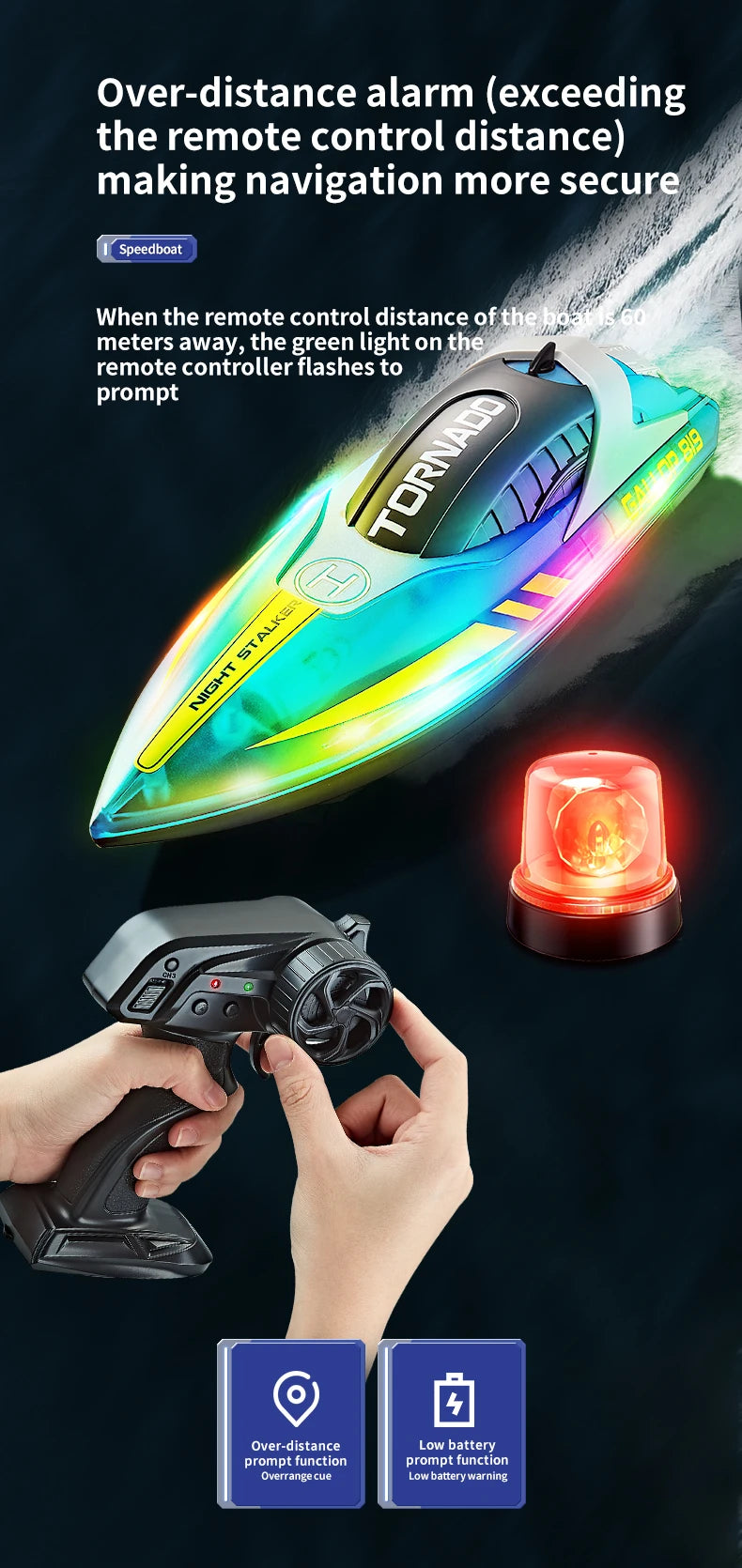 RC High-Speed RC Speedboat with LED Lights - Rechargeable, Waterproof Fun for Kids - 2-Hour Endurance Outdoor Toy