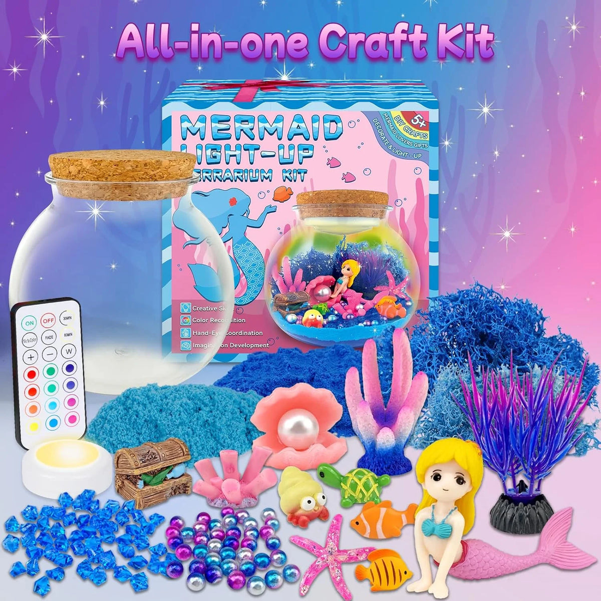 Mermaid Terrarium Craft Kit | LED Night Light | Remote Control for Kids