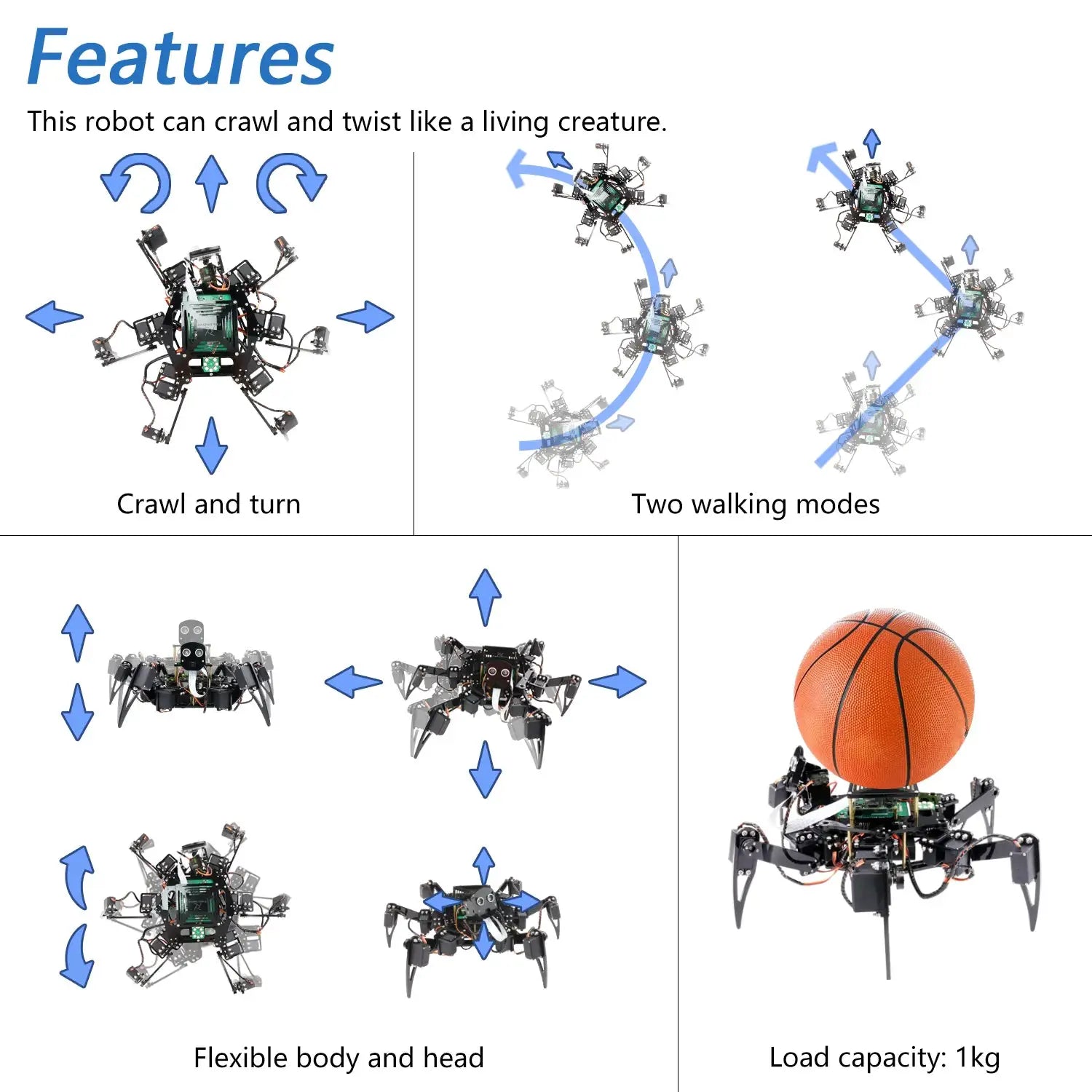 Freenove Big Hexapod Robot Kit for Raspberry Pi 5 4 B 3 B+ Zero 2 W, Face Recognition, Ultrasonic Ranging, App, Camera, Servo - ToylandEU