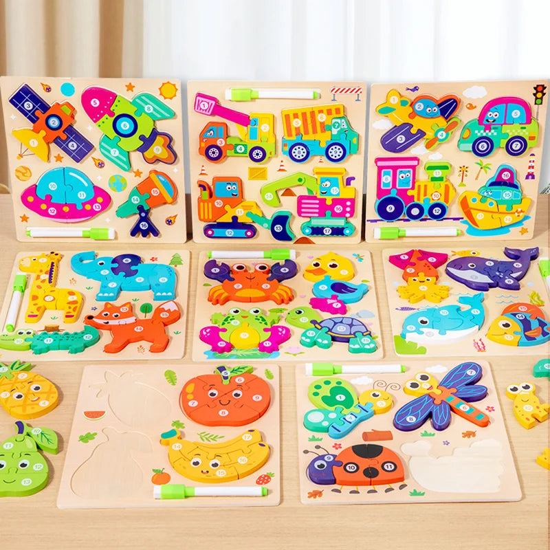 Montessori Wooden Puzzle | 3D Animal Vehicle Shapes | Drawing Board | Ages 3-6