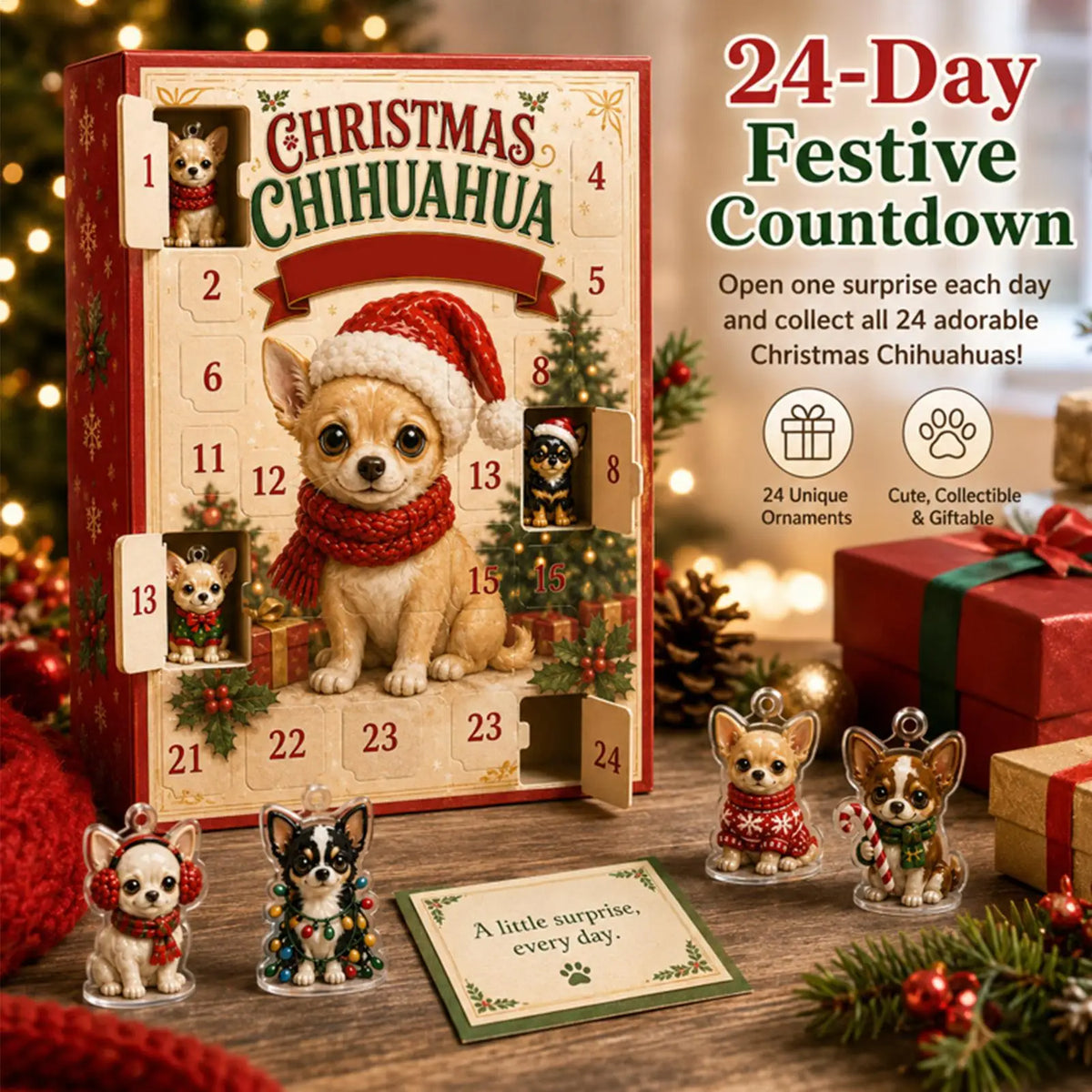 Advent Calendar | 24 Day Chihuahua Pendants | 2D Flat Acrylic Ornaments | Gift For Dog Lovers