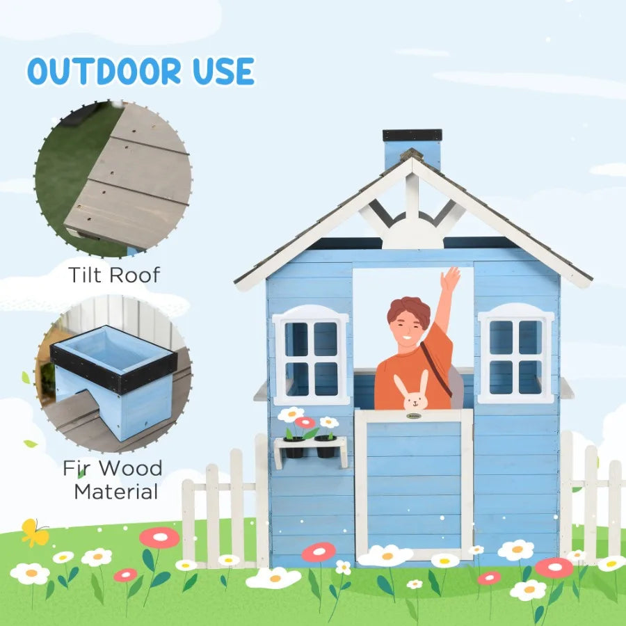Wooden Outdoor Playhouse For Kids With Flower Pot Holders Blue