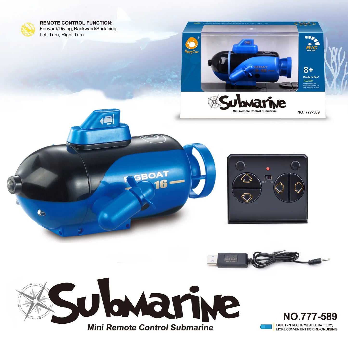RC Submarine | LED Light | 4-Channel Remote | One Size