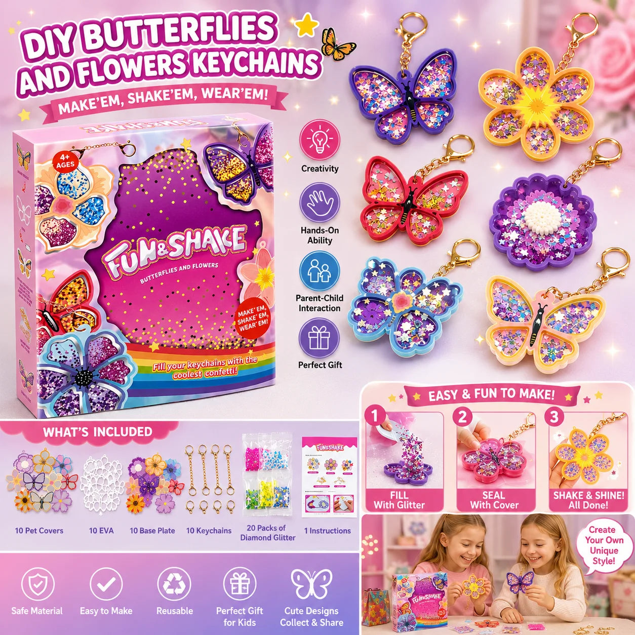 DIY Keychain Kit | Glitter Butterfly Shaker | Ages 3-12 | Gift Pack 4-8