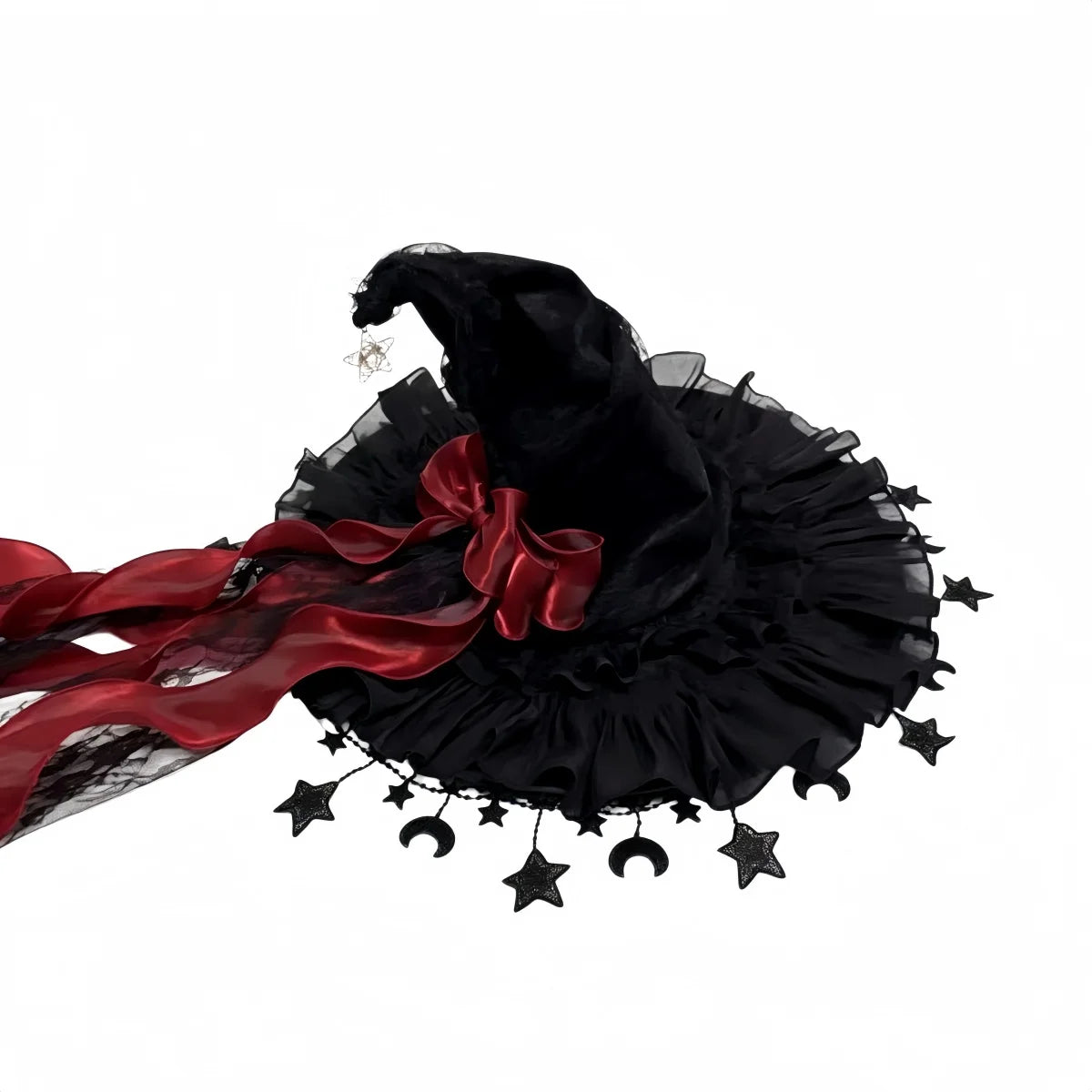 Lace Velvet Witch Hat | Moon Pendant Trim | Lace Edge Detail | Adult Party Wear