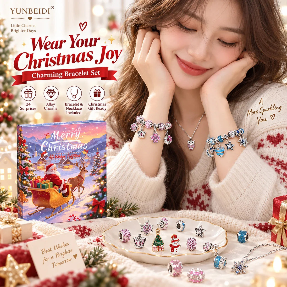 Advent Calendar | 24 Day Charm Bracelet Set | Alloy Metal Pendants And Beads | Christmas Jewelry Gift