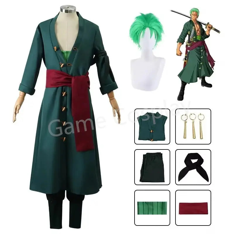 Anime Figures Roronoa Zoro Cosplay Costume Uniform Green Coat Pants Head Scarf Roronoa Zoro Wig Earrings Halloween Men Clothes - ToylandEU
