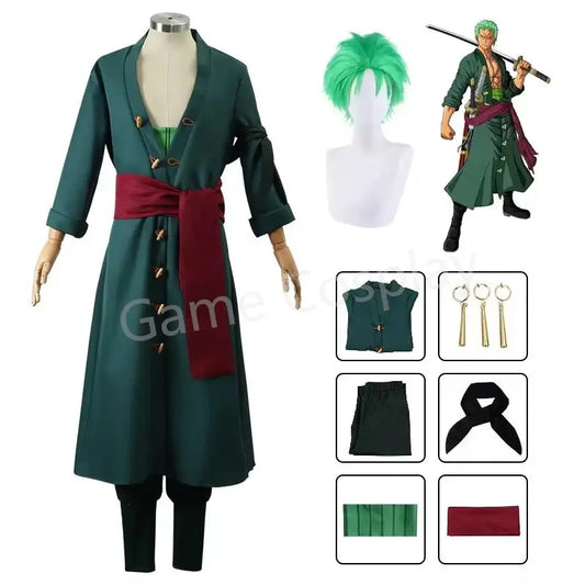 Anime Figures Roronoa Zoro Cosplay Costume Uniform Green Coat Pants Head Scarf Roronoa Zoro Wig Earrings Halloween Men Clothes - ToylandEU