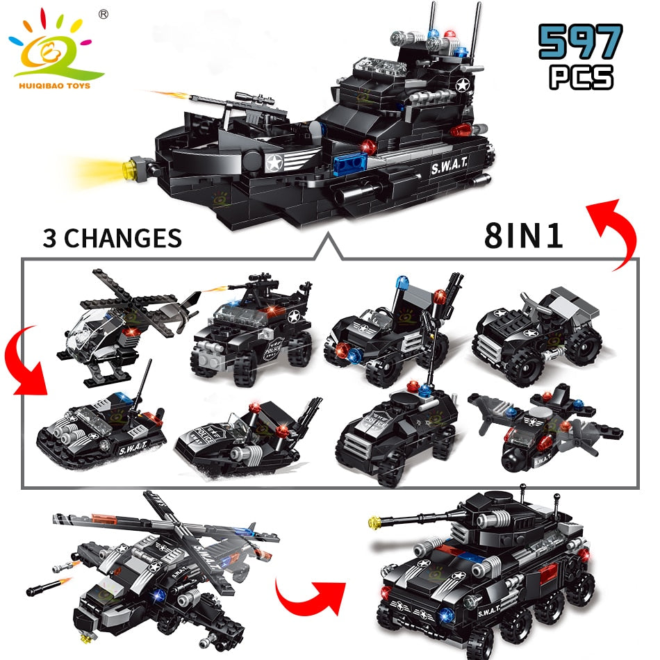SWAT Police Ship 597pcs 8in1 Building Blocks Set with City Truck and Policeman - Construction Toy for Boys - ToylandEU