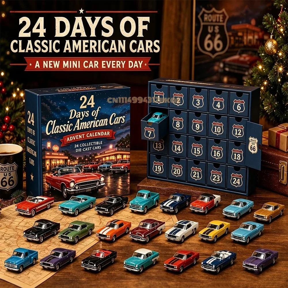 Advent Calendar | 24 Day Vintage Die Cast Cars | Classic American Vehicle Collectibles | Holiday Gift