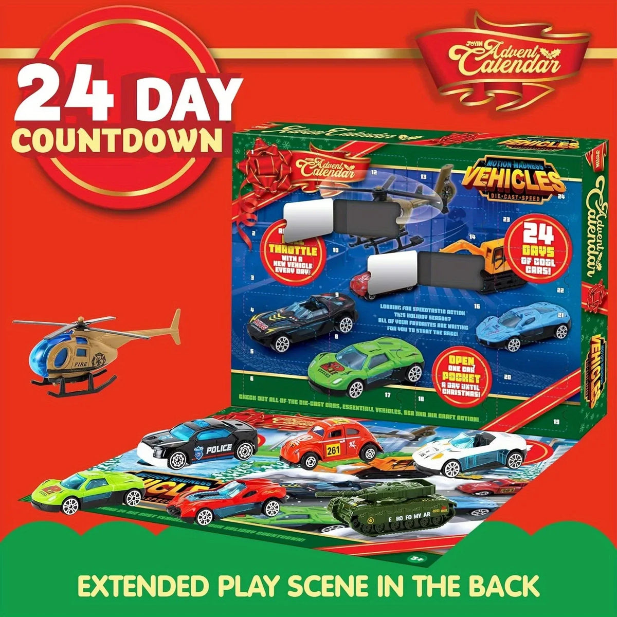 Advent Calendar | 2026 24 Die Cast Vehicles | Toy Cars Set For Boys And Kids | Classroom Prizes Party Favor