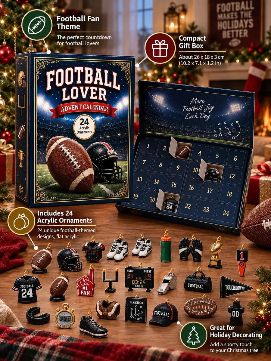 Advent Calendar | 2026 Football Theme | 24 Flat Acrylic Sports Ornaments | Game Day Tree And Shelf Decor