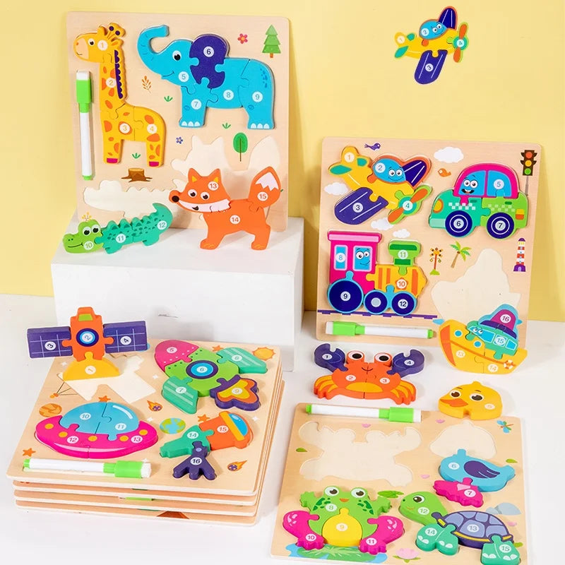 Montessori Wooden Puzzle | 3D Animal Vehicle Shapes | Drawing Board | Ages 3-6