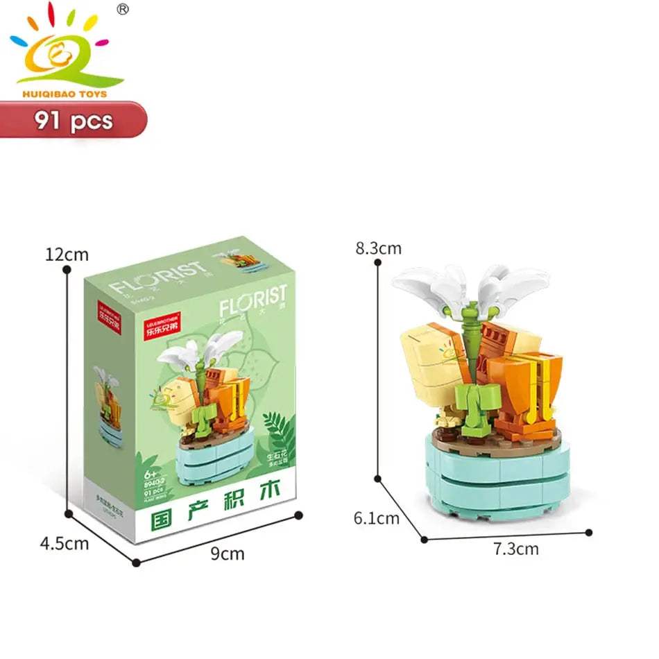 HUIQIBAO MOC Flower Succulent Potted Model Building Block DIY Eternal Bouquet Home Desk Plant Decor Brick Girl Gift Children Toy - ToylandEU