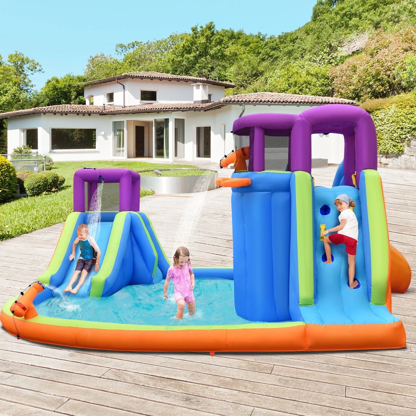 Six-In-One Inflatable Dual Water Slide Bounce House Backyard Fun
