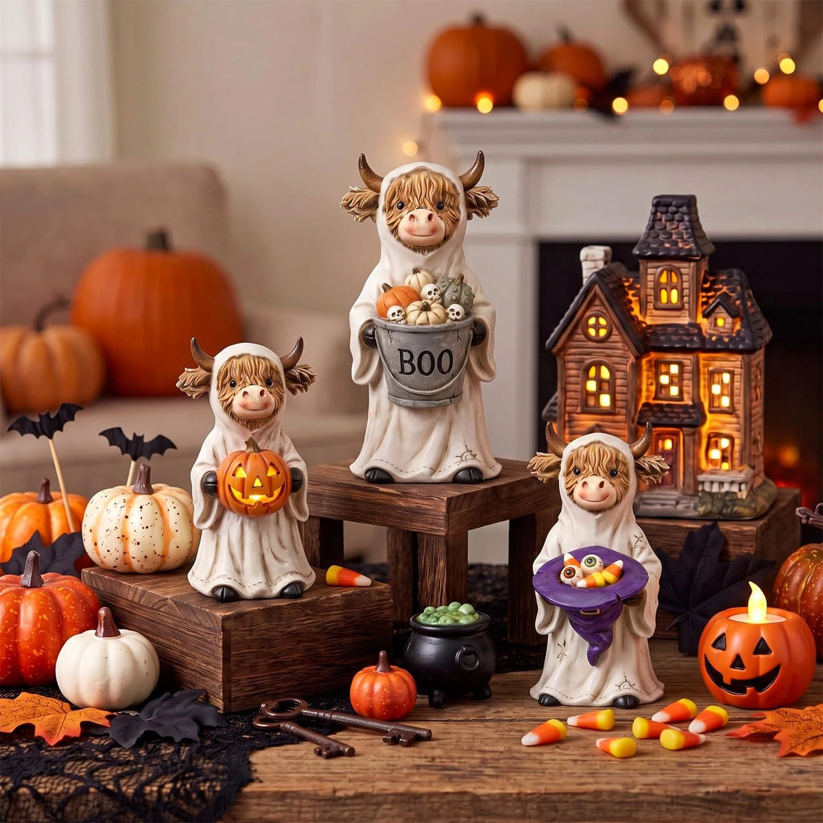Halloween Highland Cow Statue | Solid Wood | Ghost Mummy Design | Shelf Decor