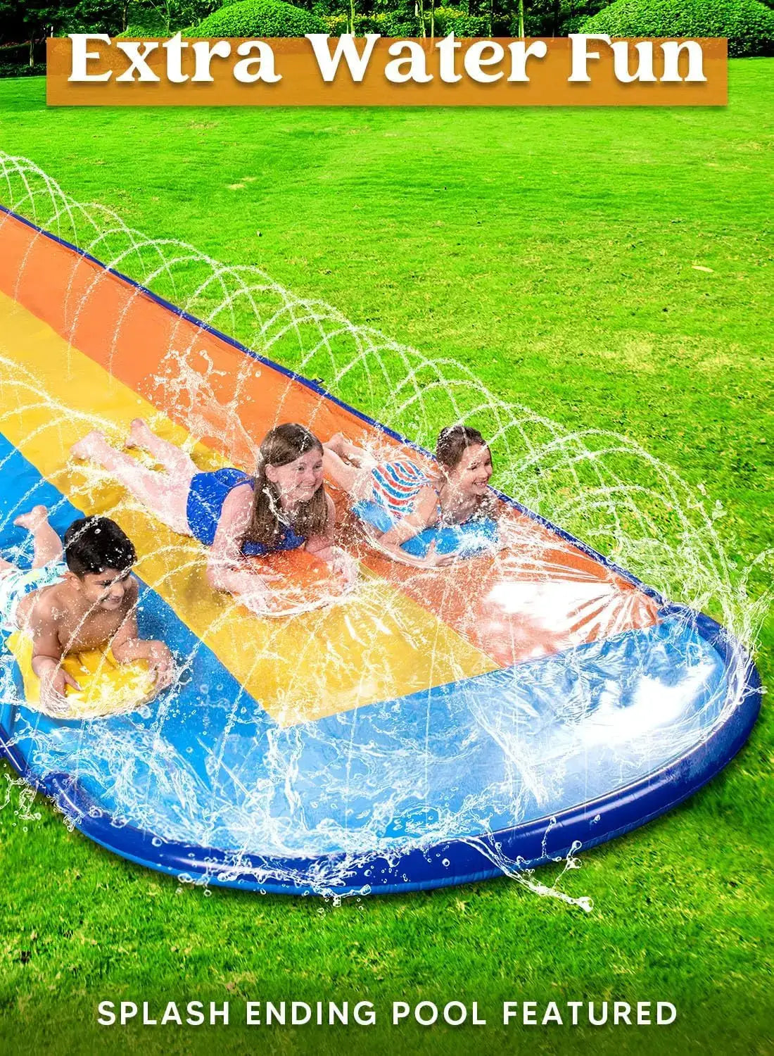 Triple Water Slide with 3 BodyBoards, 18FT Lawn Slip Splash Pad with Advanced Sprinkler for Backyard Summer Fun - ToylandEU