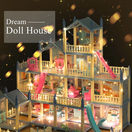 Doll House 3d Assembly Diy Miniature Model Children's Crossing House Villa Princess Castle Led Light Girl Birthday Gift Toy Hous