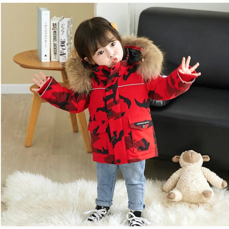 Children's Winter Down Jacket with Real Fur Trim for Girls and Boys -30 degree