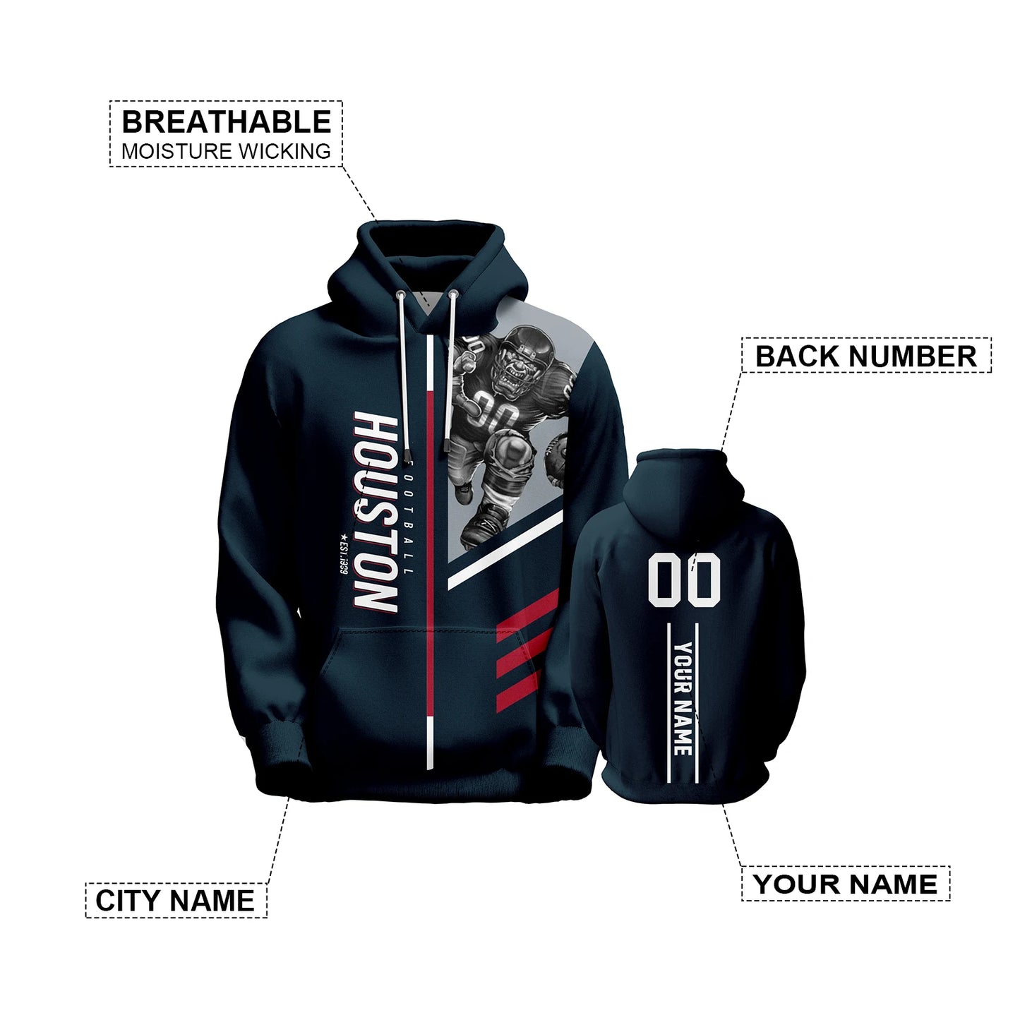 Personalized Houston 3D Printed American Football Hoodies for Men, Women, and Youth - Custom Name & Number Sweatshirts