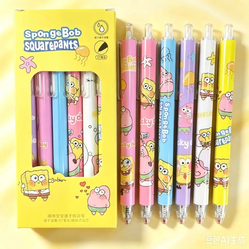 Retractable Gel Pens | SpongeBob Theme | Quick Dry Black | 6 Pack Student Set