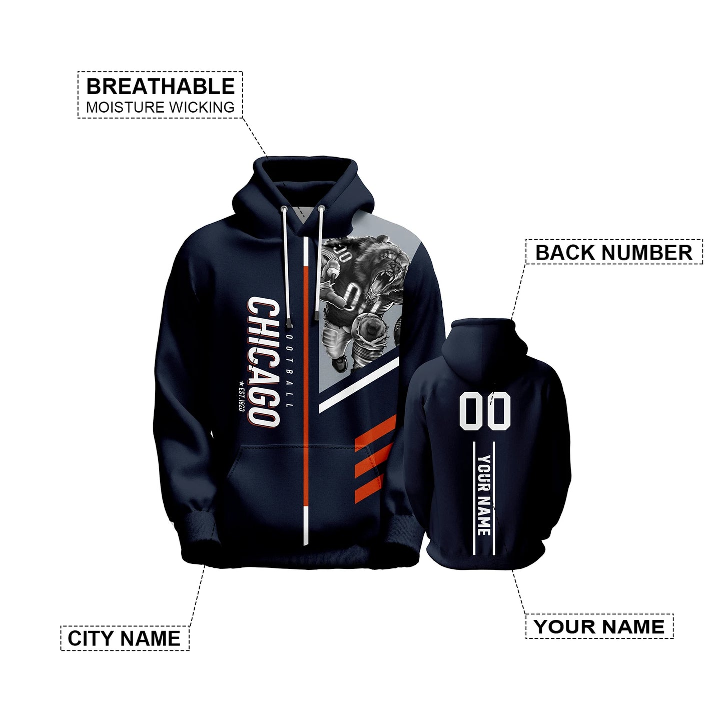 Personalized Chicago City Mascots American Football Hoodie for Men, Women, and Youth - Custom Printed with Any Name and Number