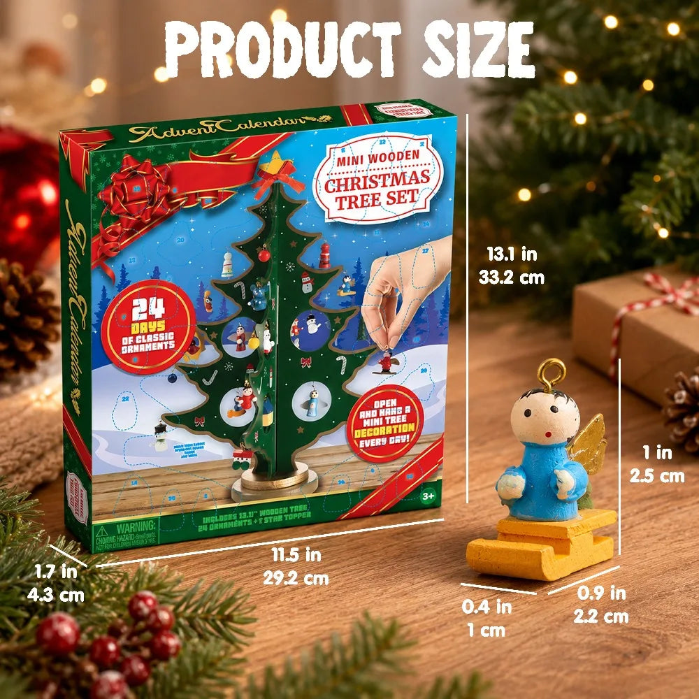 Advent Calendar | 24 Day Tabletop Wooden Christmas Tree | 28 Ornaments Snowman And Santa | Kids Party Favors Gift