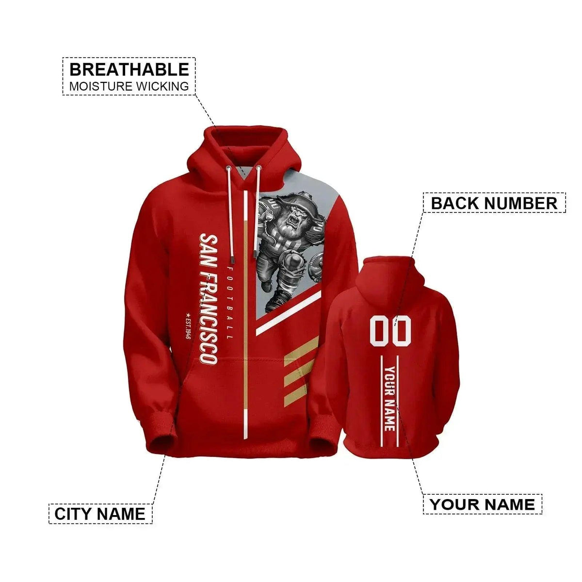  Personalized San Francisco American Football Hoodie - 3D Printed Sweatshirt for Men, Women, and Youth Fans with Custom Name and Number -  ToylandEU™