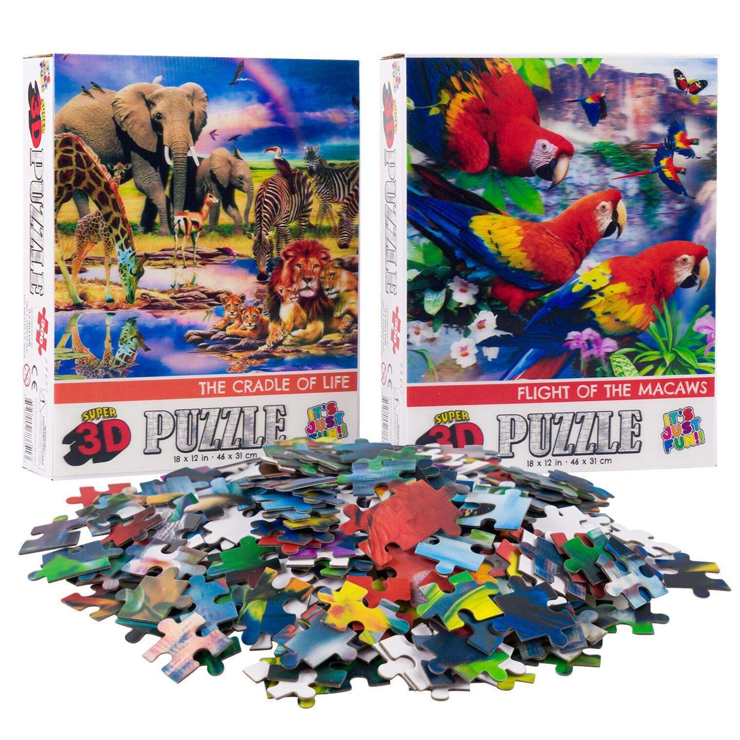 Savanna Animals & Macaws Set of 2 300 Piece Lenticular Jigsaw Puzzles Prime 3D - Puzzle Merchant