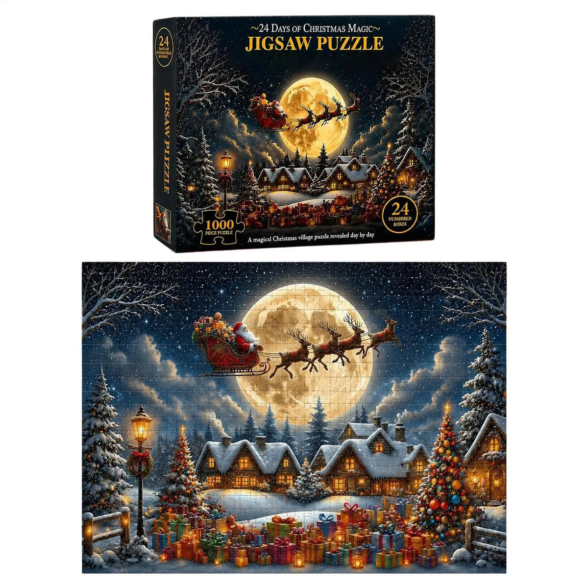 Advent Calendar | 24 Day Countdown Jigsaw Puzzle | 1008 Pieces | Snow Village Santa Holiday Gift