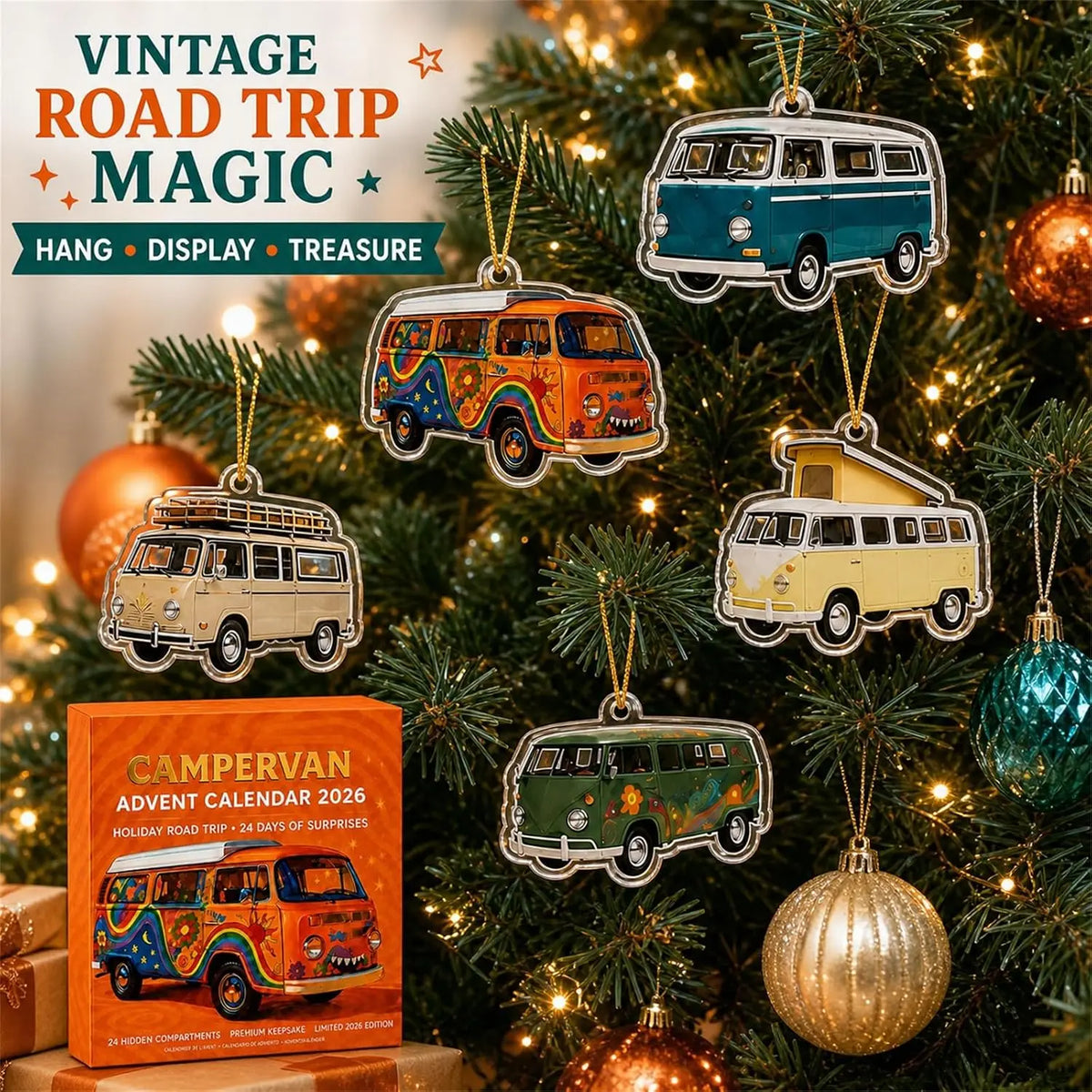 Advent Calendar | 24 Retro Campervan Ornaments | Unique Acrylic Road Trip Designs | Desktop Display Gift