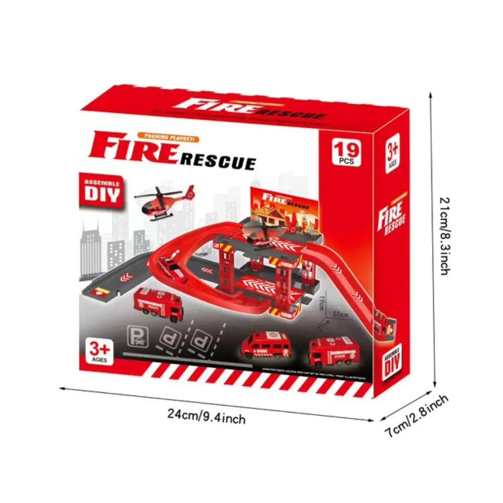 Toy Police Car and Fire Engine Track Parking Lot Set
