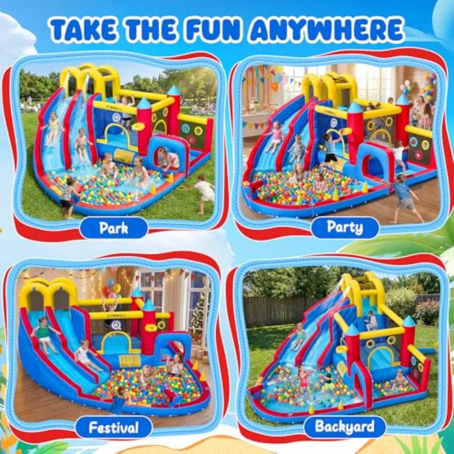Inflatable Bounce House With Double Water Slide And Large Pool