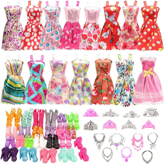 32 Piece Doll Accessories Set: 10 Doll Clothes, 4 Glasses, 2 Plastic Necklaces, 2 Bags, 10 Pairs of Shoes - ToylandEU