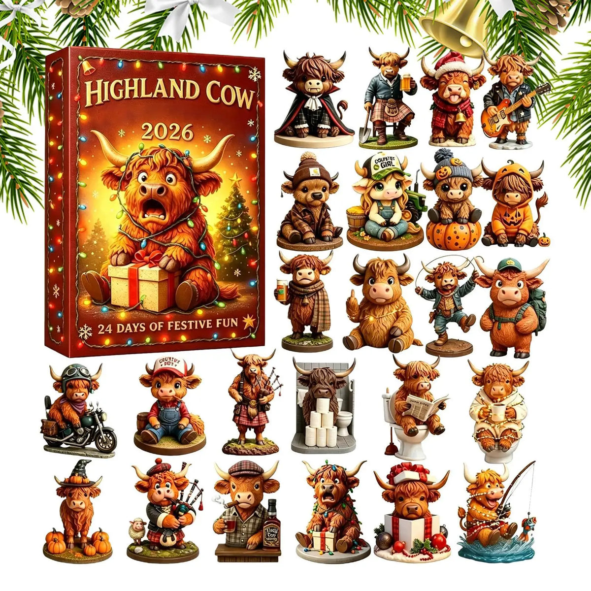 Advent Calendar | 24 Highland Cow Ornaments | 2D Acrylic Christmas Tree Decor | Daily Countdown Gift