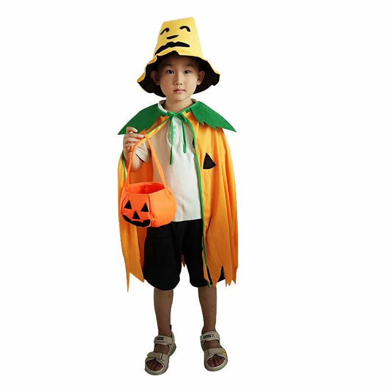 Festive Pumpkin Costume Set for Family Fun: Cloak, Hat & Treat Bag