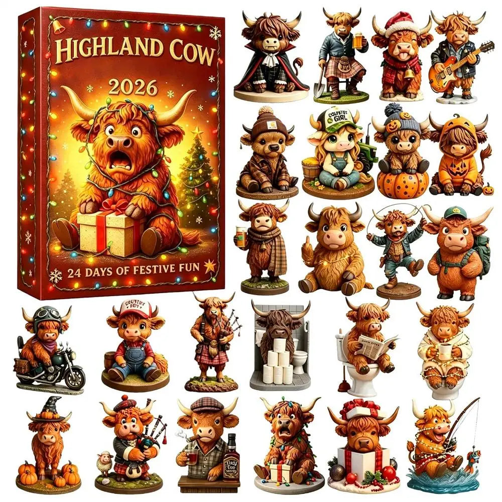 Advent Calendar | 24 Highland Cow Ornaments | 2D Acrylic Christmas Tree Decor | Daily Countdown Gift