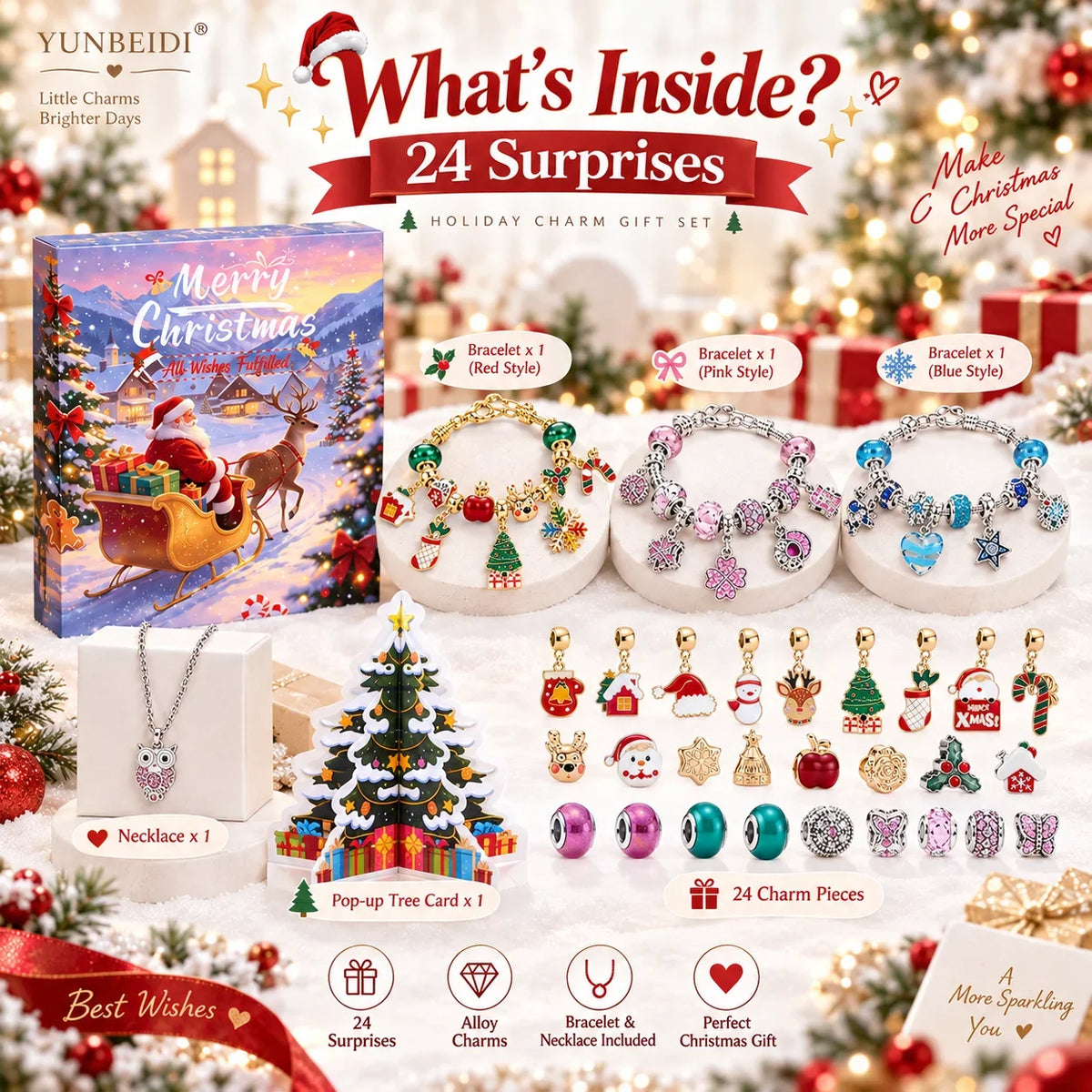 Advent Calendar | 24 Day Charm Bracelet Set | Alloy Metal Pendants And Beads | Christmas Jewelry Gift