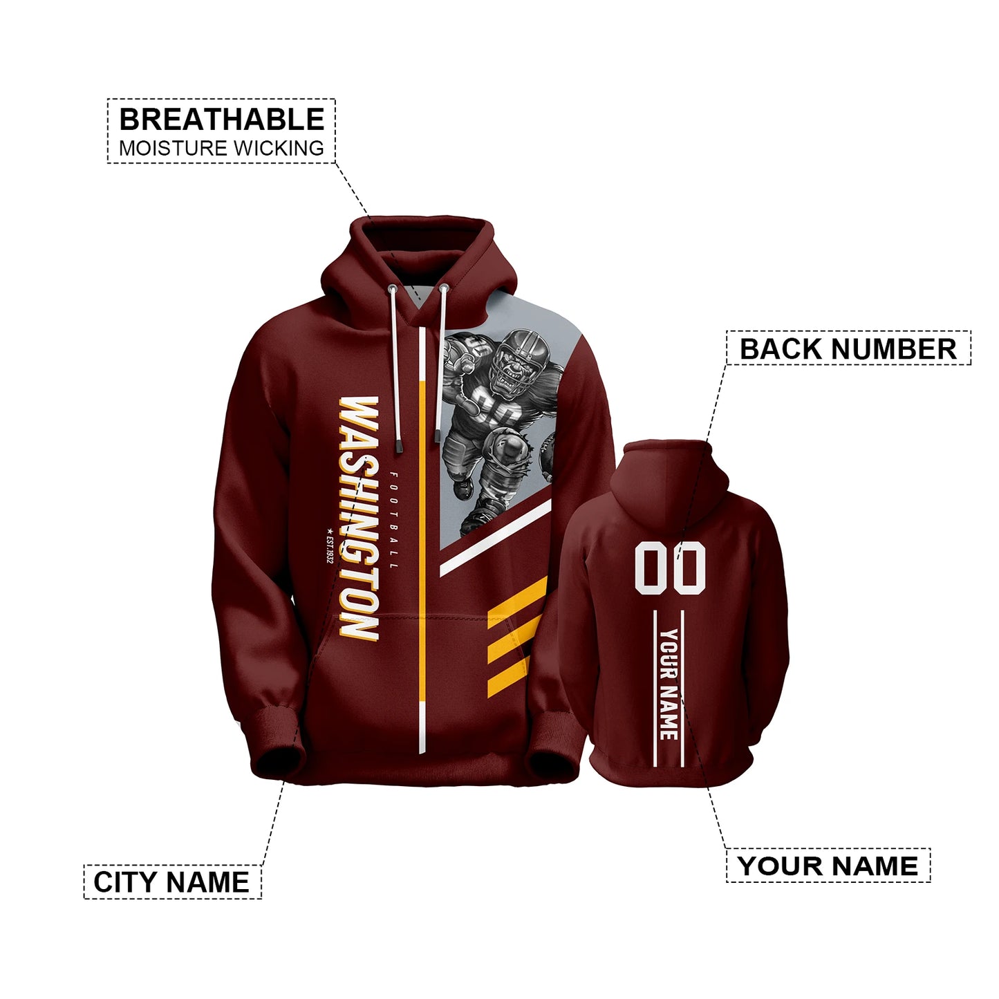 Personalized Washington Football Hoodie - Custom Name & Number Sweatshirt for Men, Women, and Youth Fans