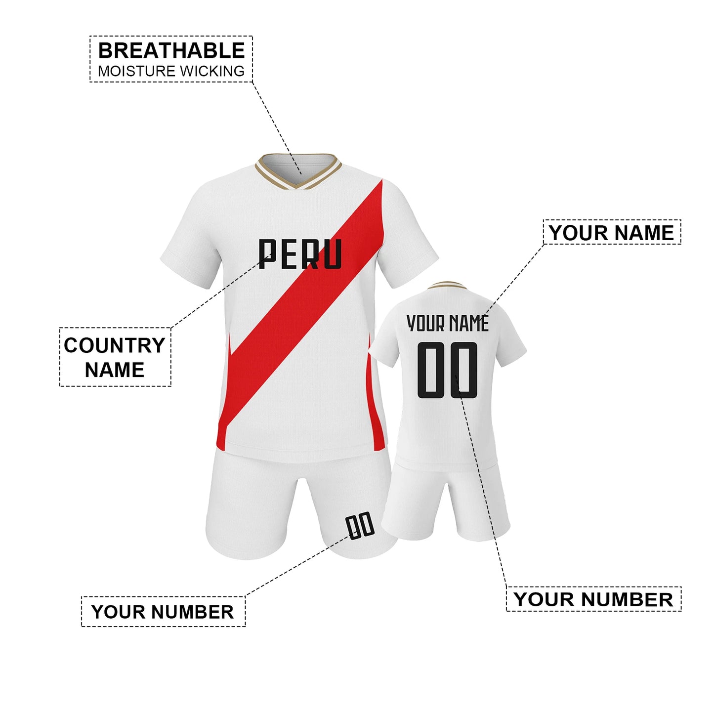 Personalized Kids Peru Soccer Jersey Kit - Custom Name & Number Football Shirt for Youth Teams, Ages 3-14