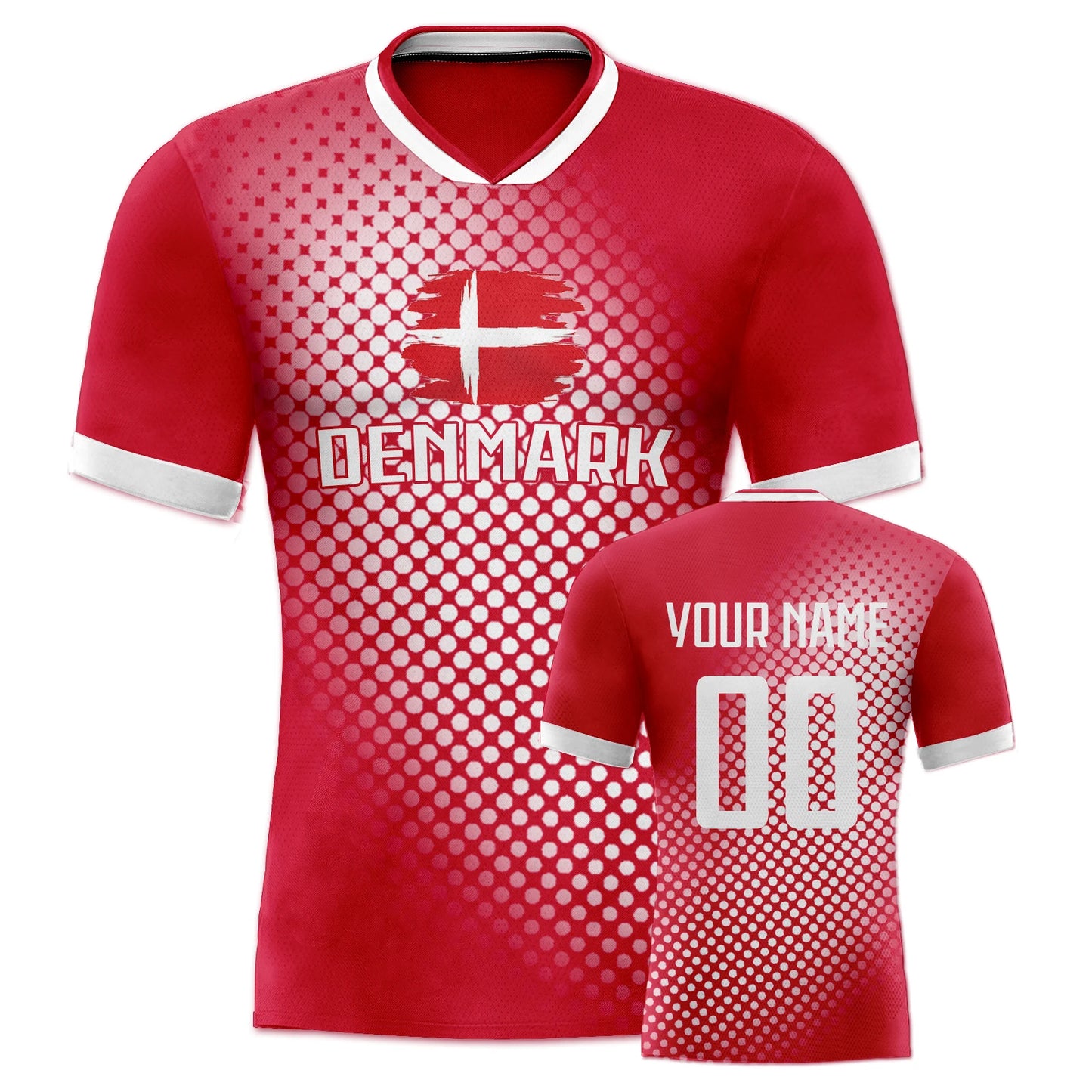 Denmark Customizable National Soccer Jersey with Name, Number, and Polka Dot Flag Design for Fans of All Ages