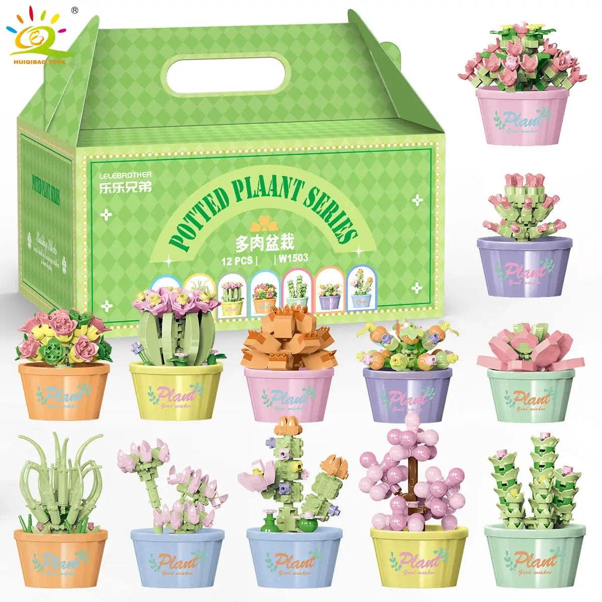 HUIQIBAO MOC Flower Succulent Potted Model Building Block DIY Eternal Bouquet Home Desk Plant Decor Brick Girl Gift Children Toy - ToylandEU