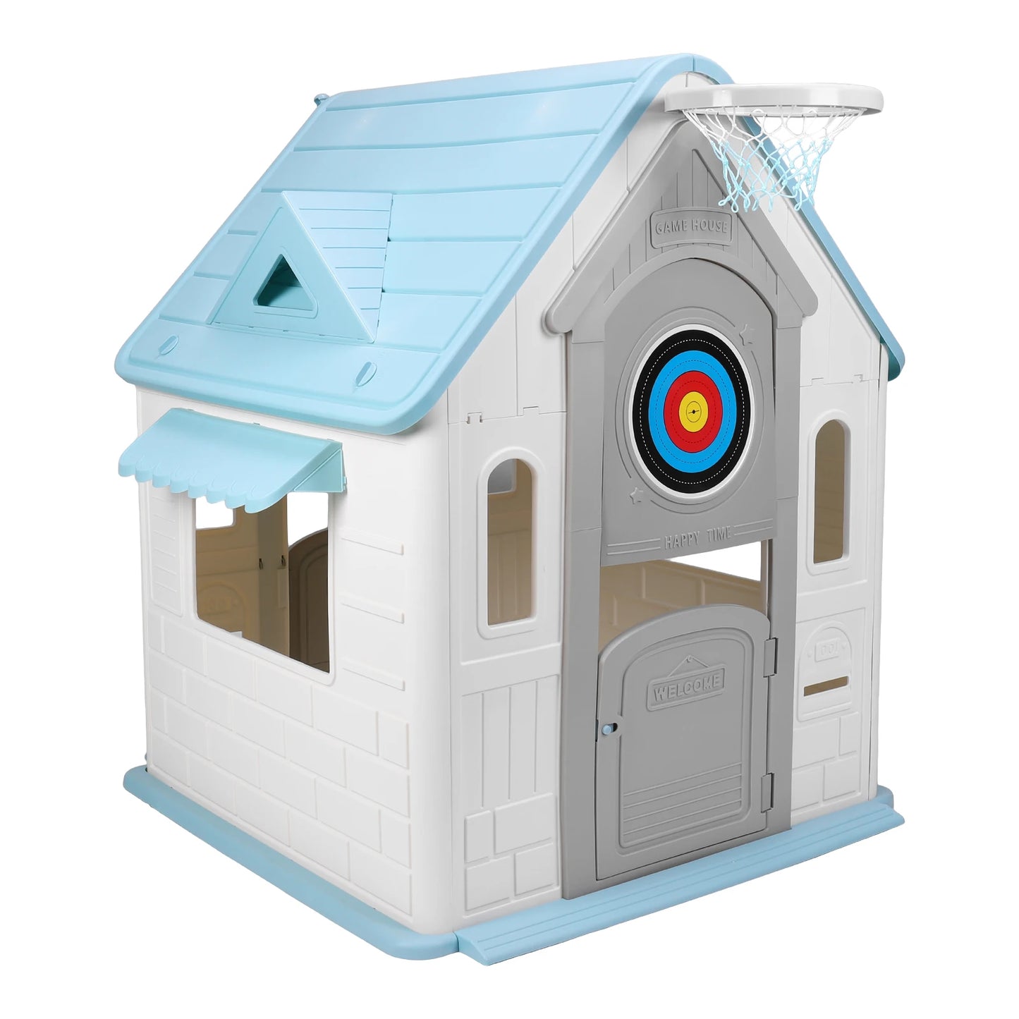 Indoor Outdoor Playset With Durable Plastic Playhouse And Basketball Hoop