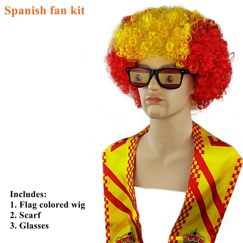 Soccer Match National Flag Color Explosion Hair Wig Fan Hairpiece with Scarf and Glasses Set European National Team Costume - ToylandEU