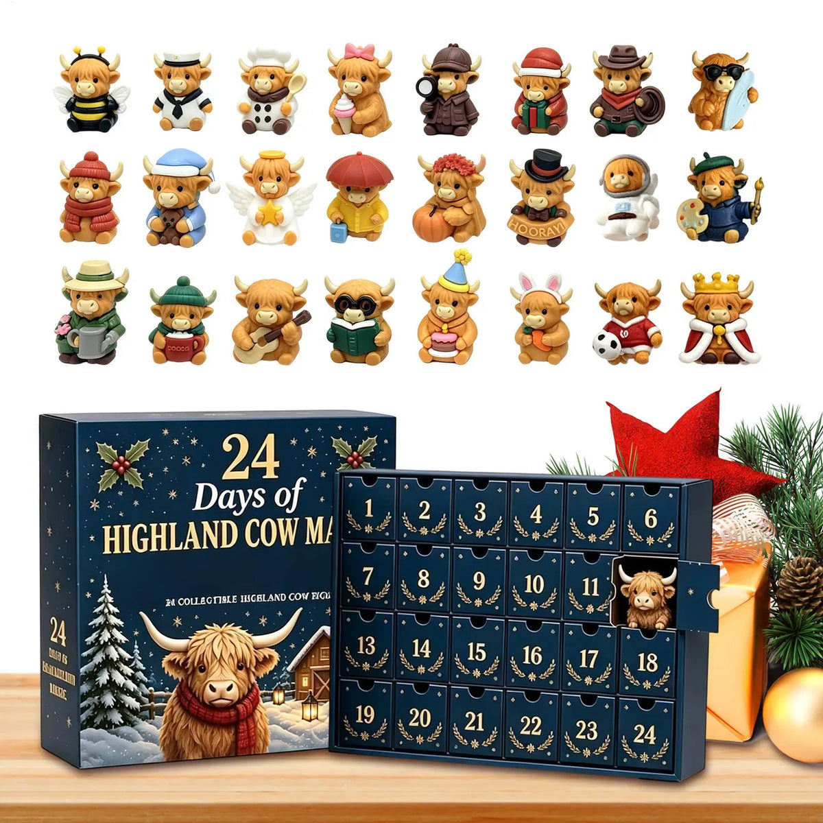 Advent Calendar | 24 Day Highland Cow Mini 3D Figurines | Christmas Tree Pendants | Countdown Keepsake Gift