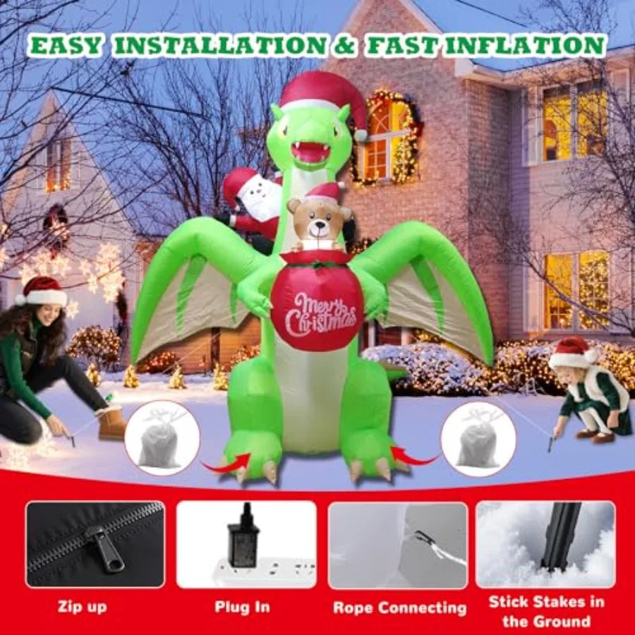 Christmas Inflatable | 9 Ft Size | Built In Led Lights | Santa Dinosaur