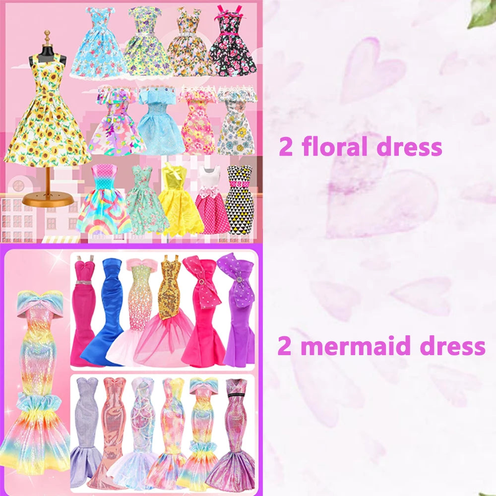 23-Piece Doll Clothes Set With Floral Sequined Mermaid Dress