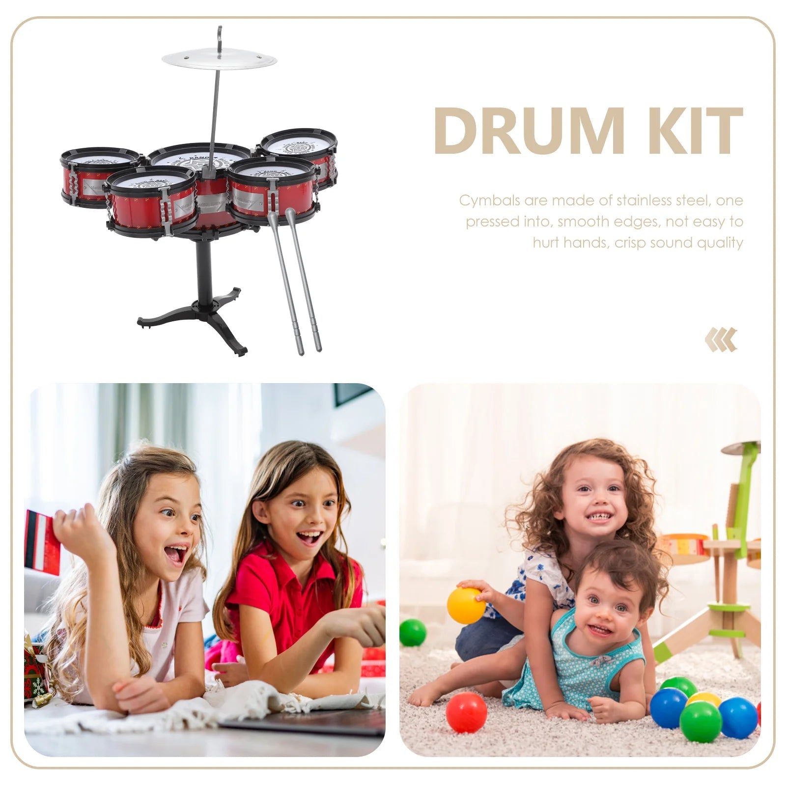 Kids Jazz Drum Set Drumsticks Cymbal Pedal with 5 Drums Musical - ToylandEU