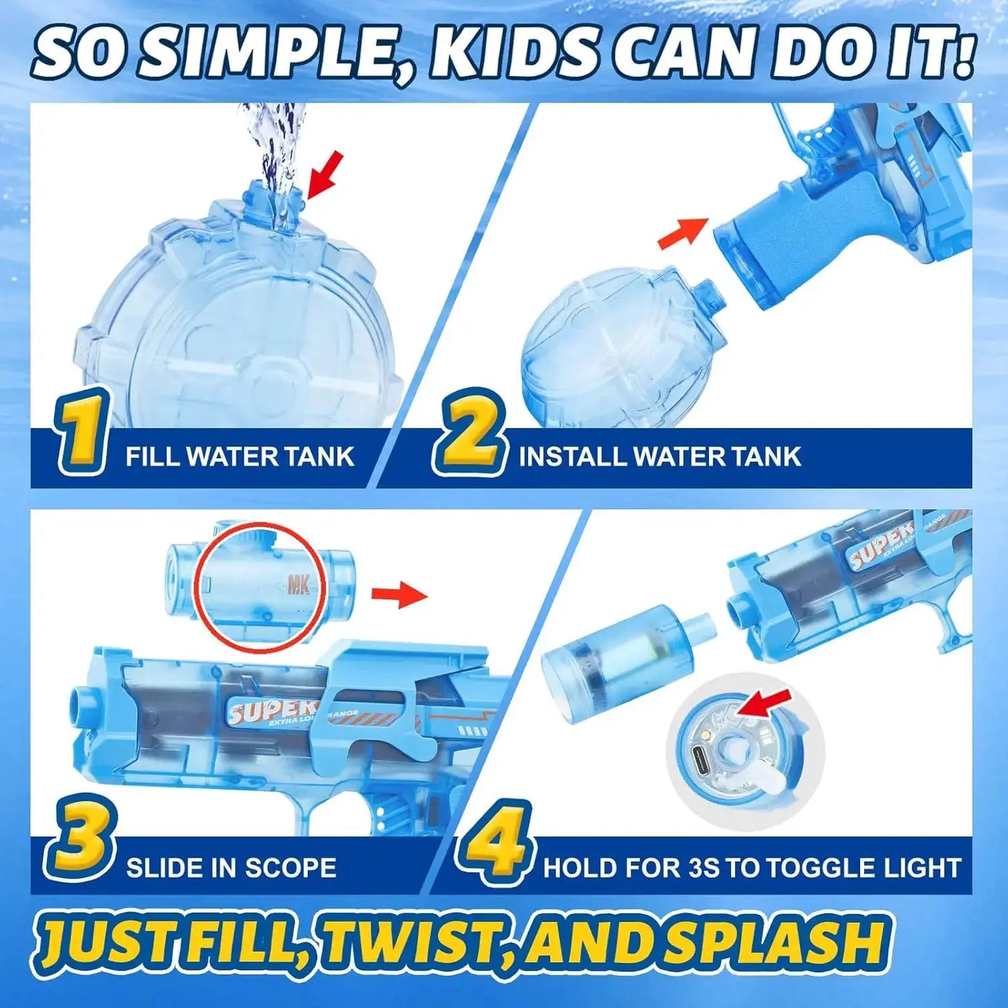 Rechargeable Electric Water Gun with LED Lights - 26ft Range, 30min Playtime, Perfect Summer Gift for Kids & Adults - ToylandEU